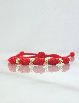 Pulsera Tejida Roja con 4 Und de Balines Diamantados de 3mm - 18K