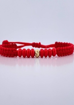 Pulsera Tejida Roja Mostazilla con Balin Diamantado 4mm - 18K